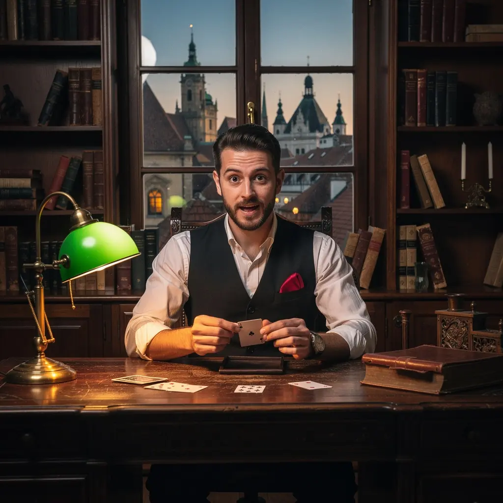 Varázsló, aki kártyákat mutat be egy színpadon, lenyűgözve a közönséget.