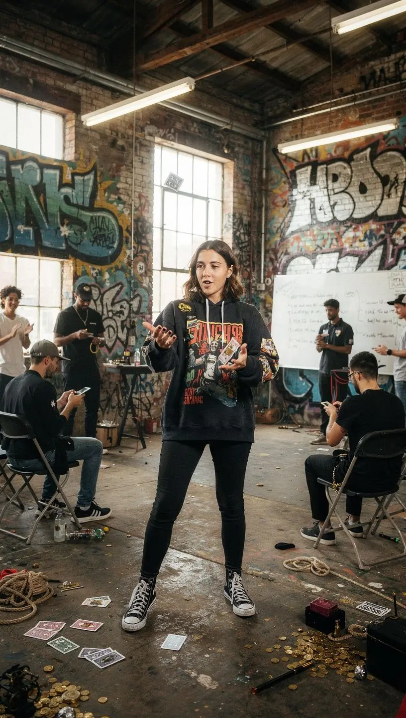 Kép egy varázslóról, aki kártyákat mutat be a közönség előtt, lenyűgözve őket.