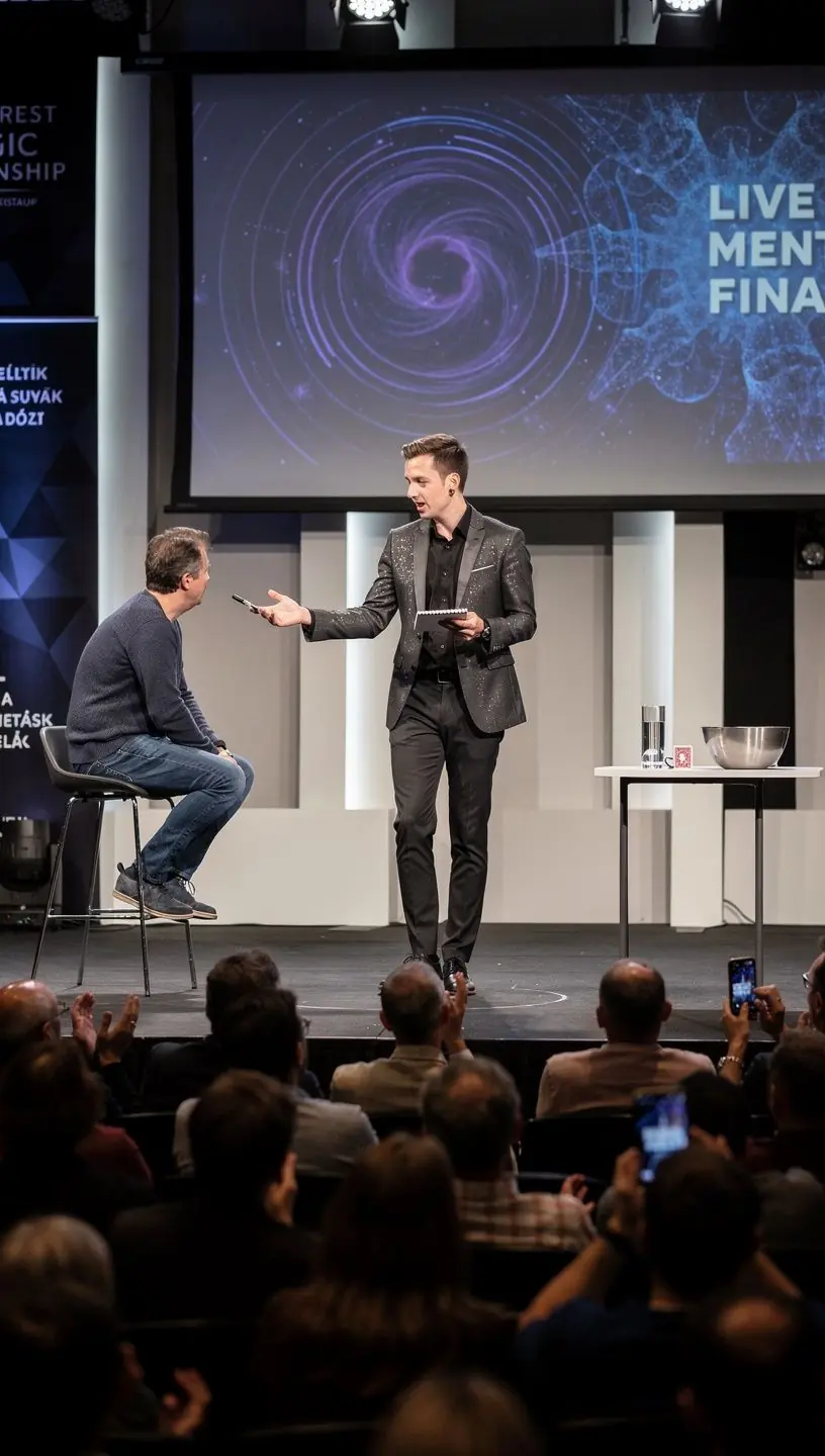 Kép egy varázslóról, aki kártyákat mutat be a közönség előtt, lenyűgözve őket.