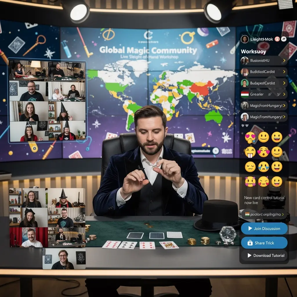 Kép egy varázslóról, aki kártyákat mutat be a közönség előtt, lenyűgözve őket.