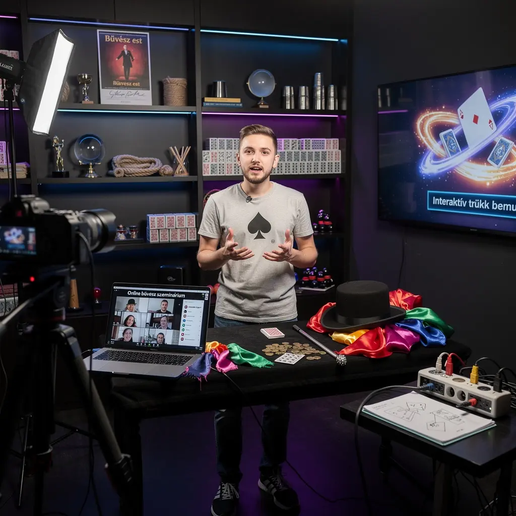 Kép egy varázslóról, aki kártyákat mutat be a közönség előtt, lenyűgözve őket.