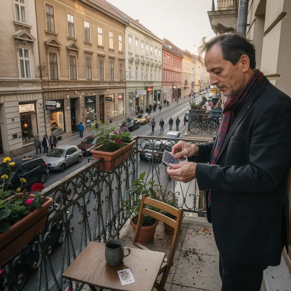 Kép egy varázslóról, aki kártyákat mutat be a közönség előtt, lenyűgözve őket.