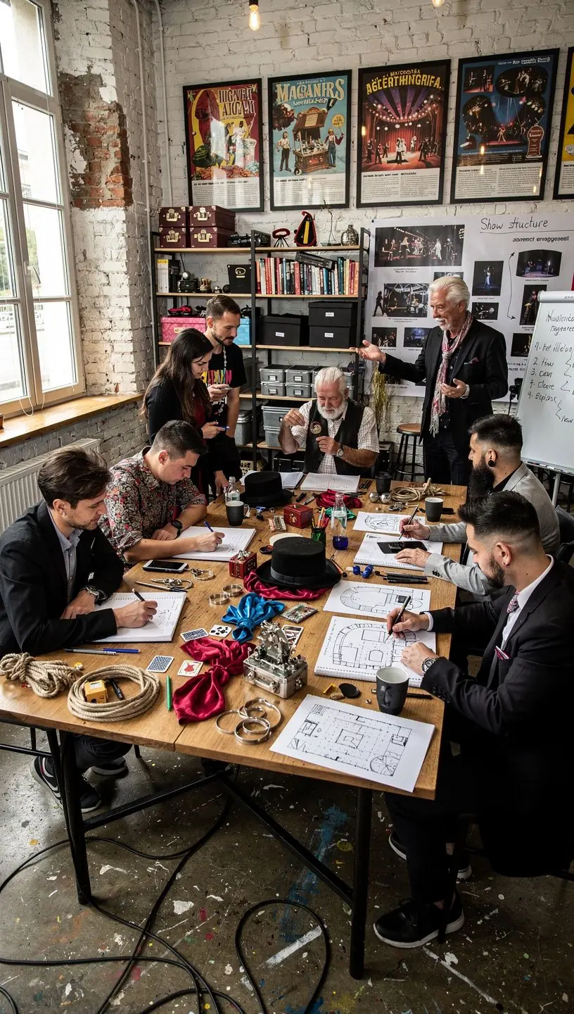 Kép egy varázslóról, aki kártyákat mutat be a közönség előtt, lenyűgözve őket.