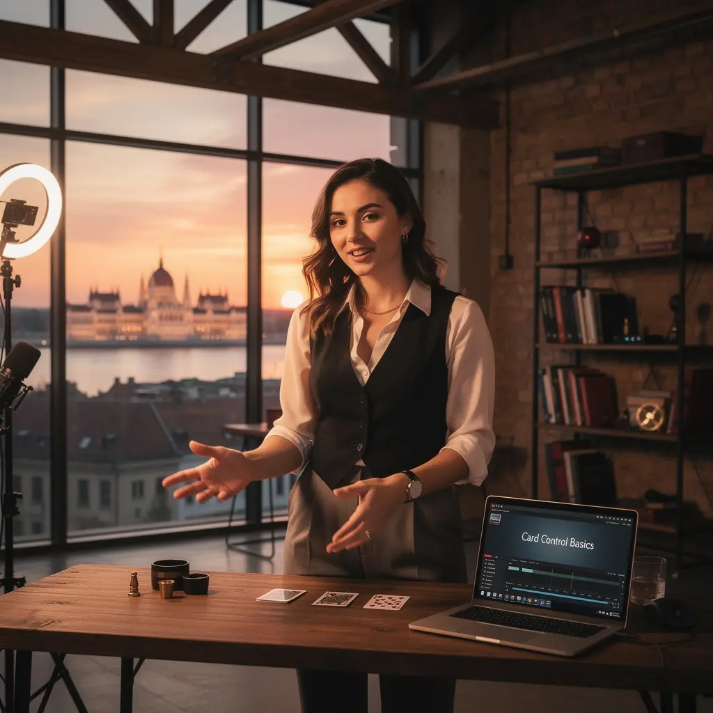 Kép egy varázslóról, aki kártyákat mutat be a közönség előtt, lenyűgözve őket.