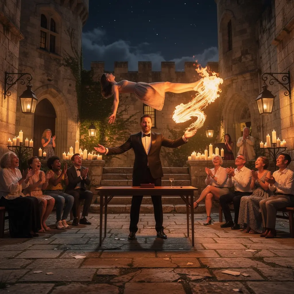 Kép egy varázslóról, aki kártyákat mutat be a közönség előtt, lenyűgözve őket.